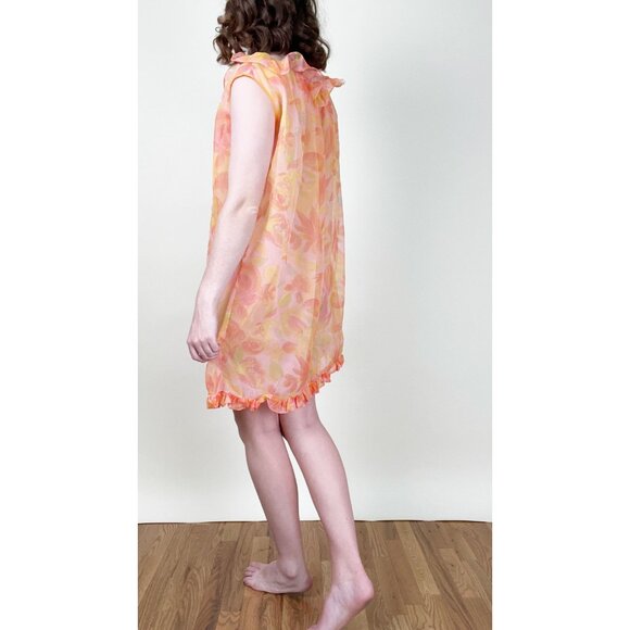 Vintage Mod Handmade Slip Mini Shift Dress Sheer Mesh Floral Ruffle 60's 70's - Picture 2 of 6